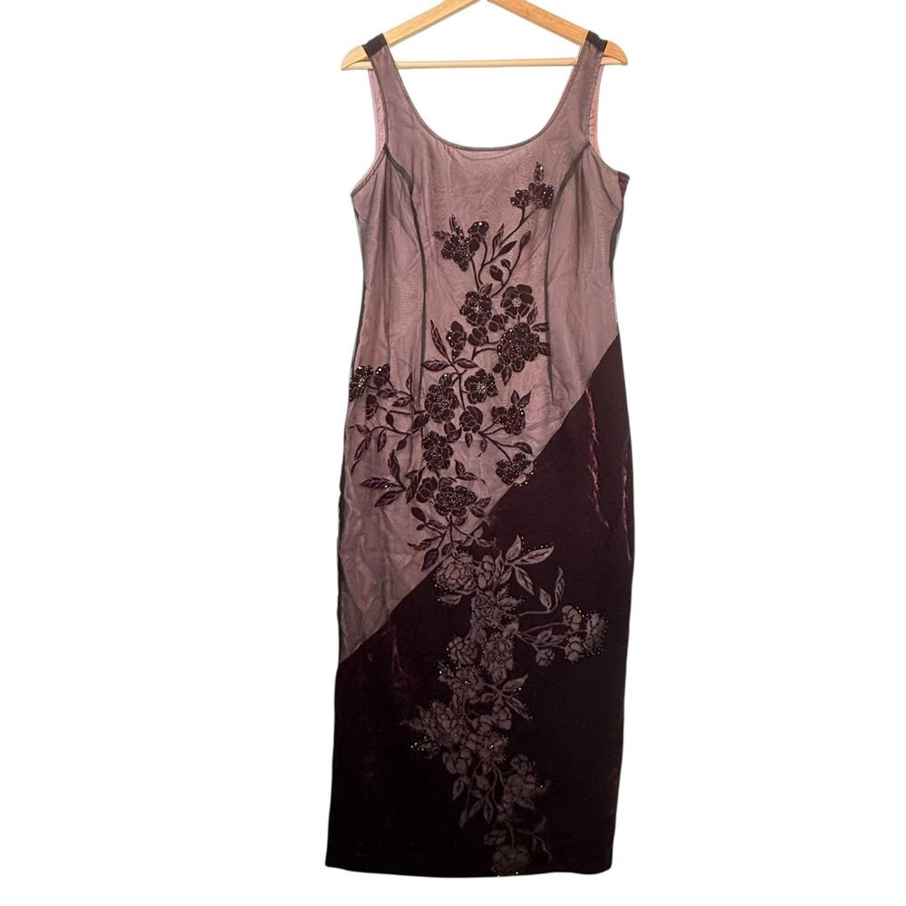 VTG Velvet Burnout Whimsigoth Sheath Dress Womens SIZE 8 Purple Floral Midi